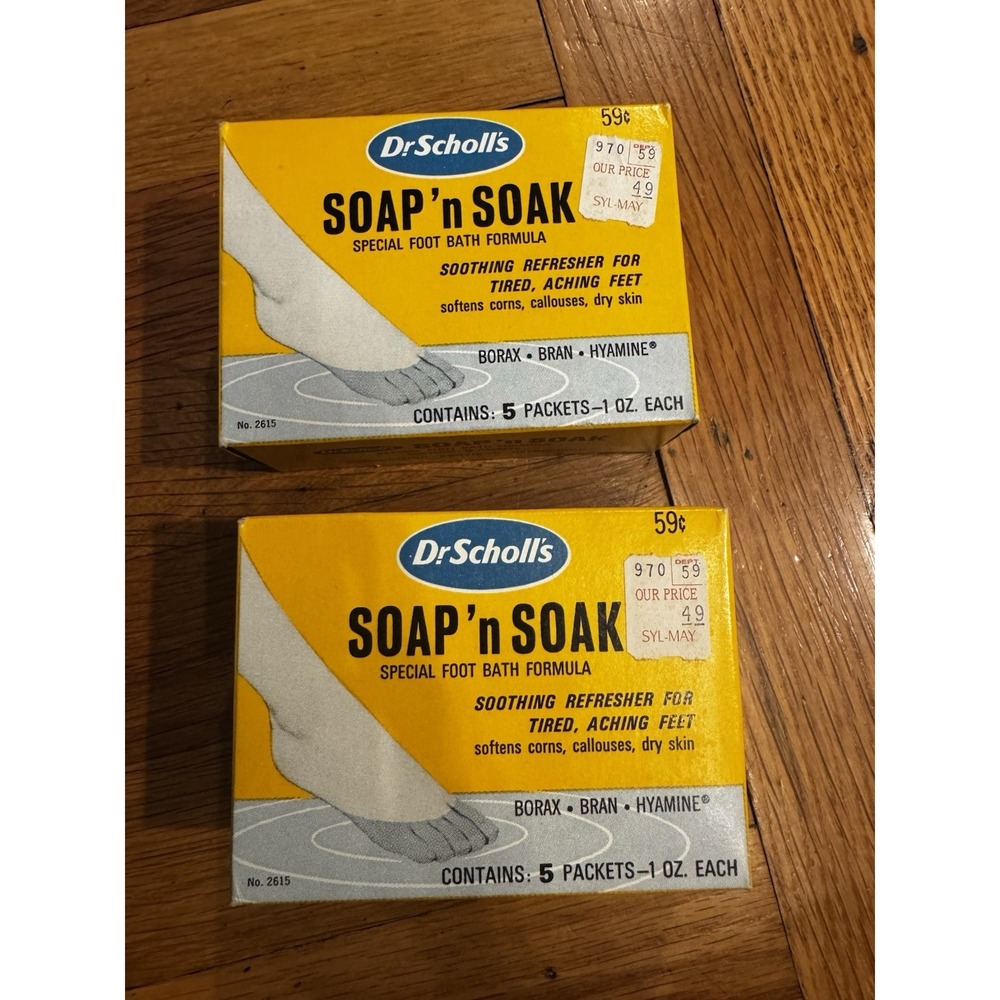 Dr. Scholl's‎ 2 Soap 'n Soak Vintage Footbath Boxes 10 Packets Sealed Prop 1967